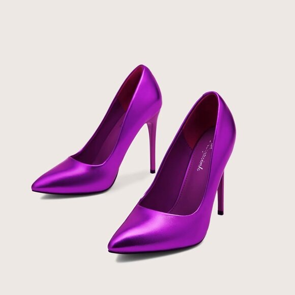 4 Inch Purple Womens Pumps High Heels Stiletto Pointed Closed Toe Bridal Shoes - Picture 7 of 9